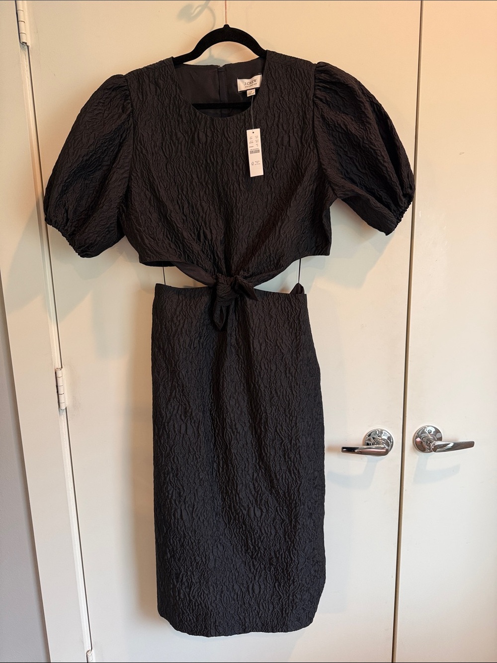 J. Crew Collection Black Textured Puff-Sleeve Tie-Front Midi Dress